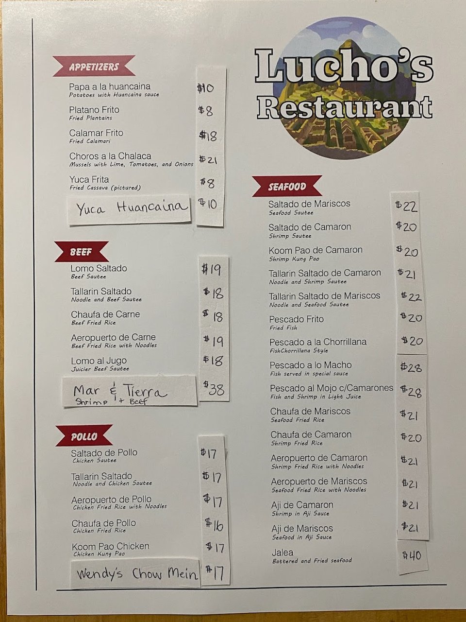 Menu page showing appetizers, beef, and chicken dishes.